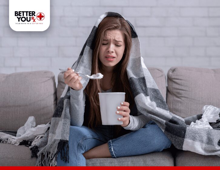 Woman sick and eating
