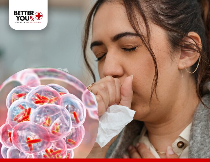 Woman coughing with tissue, respiratory infection concept with bacteria illustration | Better You Rx