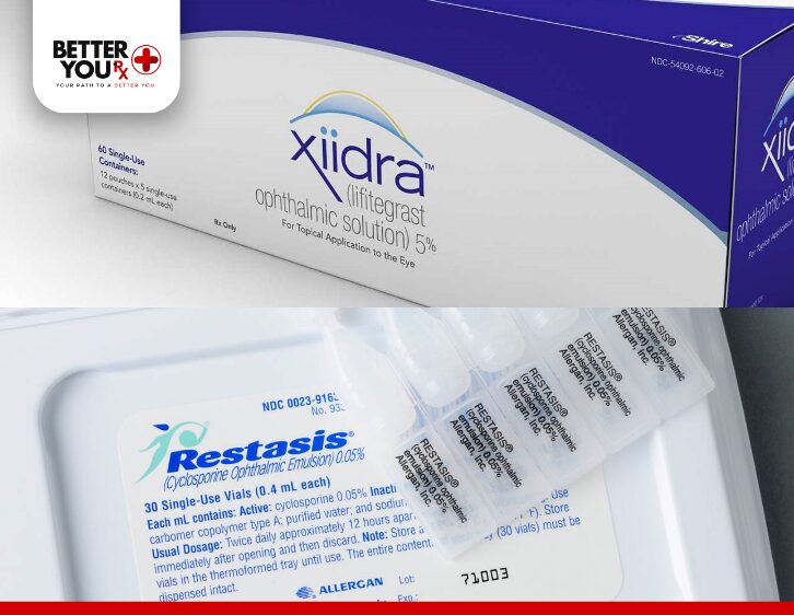 Close-up of Xiidra and Restasis ophthalmic solutions for dry eye in single-use vials | Better You Rx