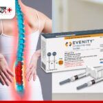 Woman with highlighted spine pain and Evenity injection for osteoporosis treatment | Better You Rx