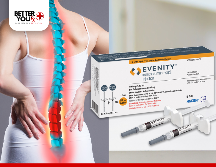 Woman with highlighted spine pain and Evenity injection for osteoporosis treatment | Better You Rx