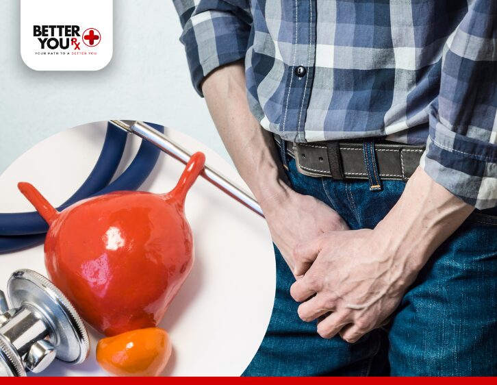 Man holding lower abdomen in discomfort, prostate health concept with bladder model | Better You Rx