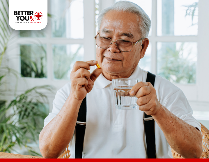 old man drinking medicine for Osteoporosis