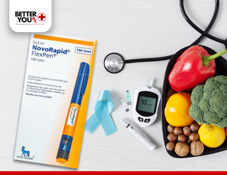 novolog box with fruits and sugar level meter