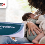 Mother holding baby with Domperidone box