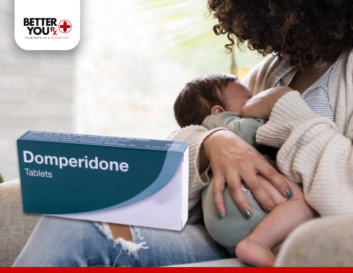 Mother holding baby with Domperidone box