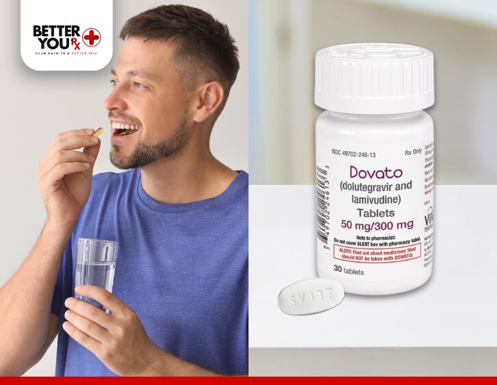 Man taking Dovato tablet with water, promoting effective HIV treatment and support | Better You Rx