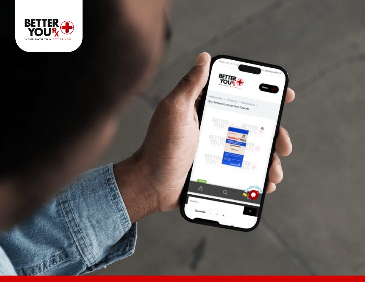 Man holding phone browsing online pharmacy from Canada