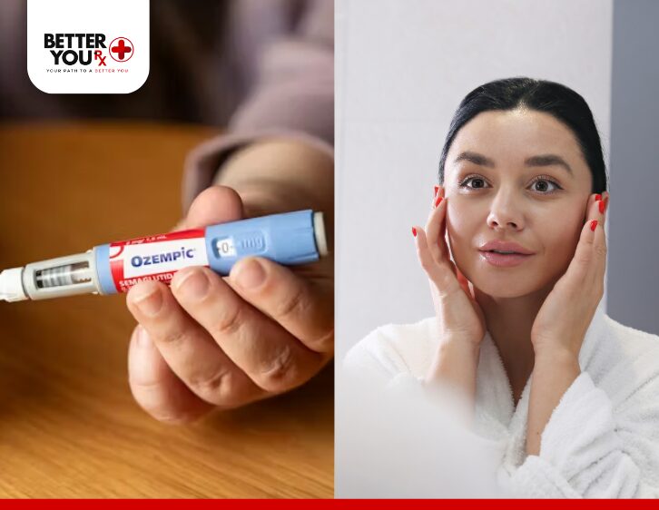 Hand holding an Ozempic injection pen alongside a woman touching her glowing skin | Better You Rx