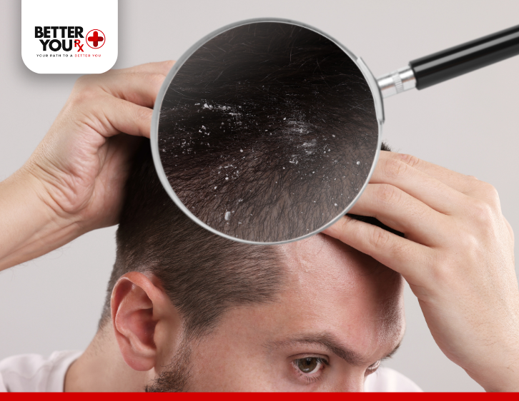 Man examining dandruff on scalp with magnifying glass, highlighting dry flakes | Better You Rx