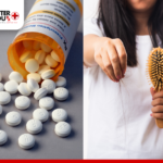 Prescription pills spilled on table and woman experiencing hair loss while brushing | Better You Rx