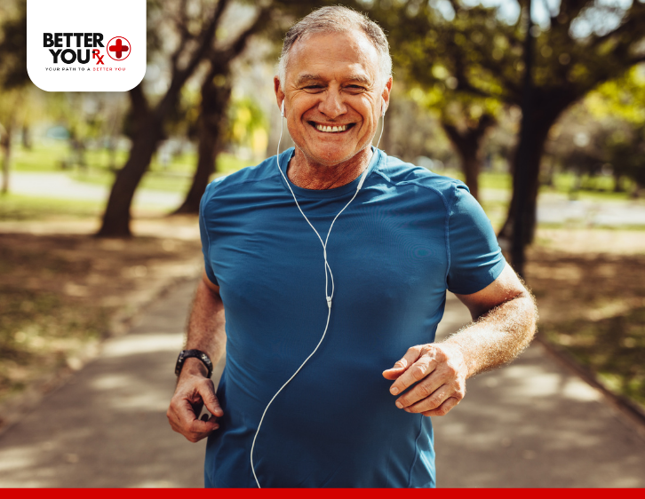 old man smiling while jogging