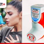 Woman using a inhaler for asthma relief alongside a Symbicort inhaler product image | Better You Rx