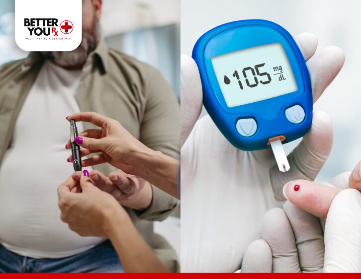 Glucometer reading 105 mg/dL with finger prick blood test for diabetes monitoring | Better You Rx