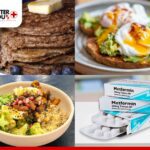 Breakfast options including pancake, avocado toast, salad bowl, and Metformin tablet | Better You Rx