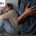 Anxious woman sitting with head in hand man clutching chest, showing signs of stress | Better You Rx