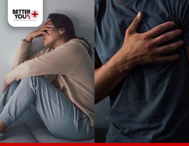 Anxious woman sitting with head in hand man clutching chest, showing signs of stress | Better You Rx