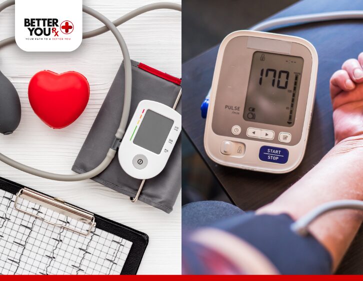 Blood pressure monitoring with digital devices showing high readings and heart model | Better You Rx