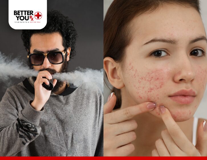 Man vaping and woman with acne, highlighting the link between vaping and skin issues | Better You Rx