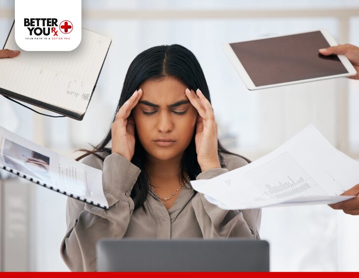 Woman having migraines because of work