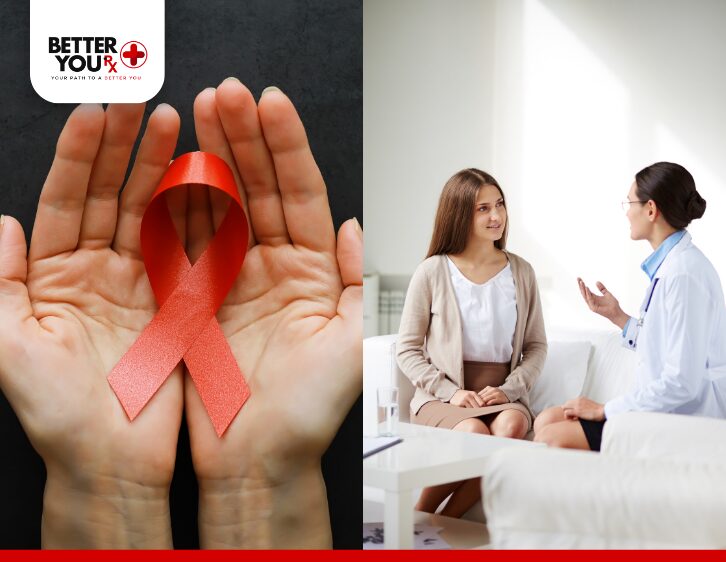 Red ribbon symbolizing HIV/AIDS awareness and a doctor consulting a patient | Better You Rx