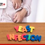 A woman experiencing discomfort and itching, with Yeast Infection text on background | Better You Rx