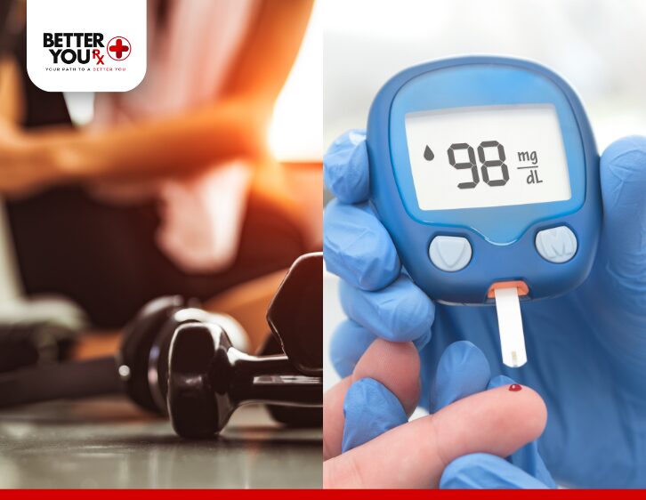 Glucose meter showing 98 mg/dL with fitness weights in the background | Better You Rx