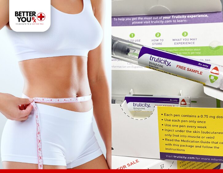 Woman measuring waist with tape and Trulicity injection pen sample | Better You Rx