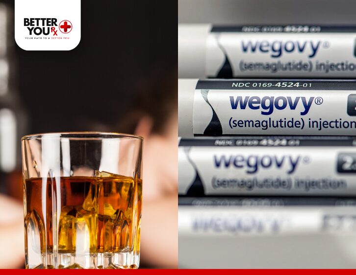 Glass of whiskey with Wegovy (semaglutide) pens, showing potential interaction risks | Better You Rx