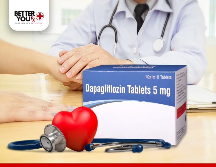 Doctor supports patient besides Dapagliflozin 5 mg tablets, heart model, stethoscope | Better You Rx