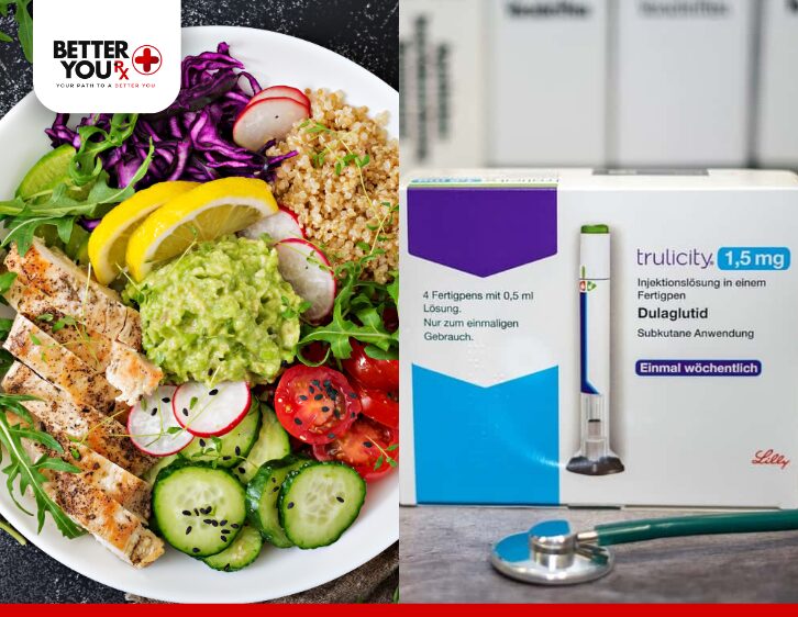 A healthy meal with veggies & chicken beside Trulicity injection for diabetes care | Better You Rx