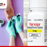 Farxiga bottle and nurse checking patient sugar level