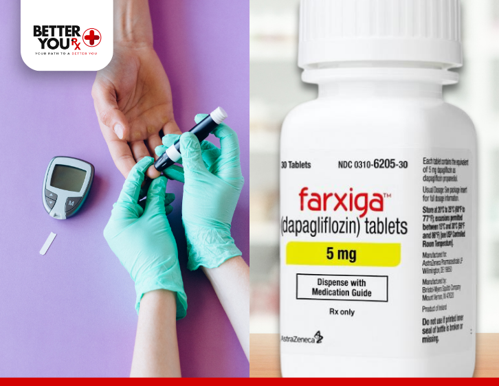 Farxiga bottle and nurse checking patient sugar level