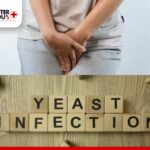 Woman holding area with discomfort, wooden blocks spelling "Yeast Infection" below | Better You Rx