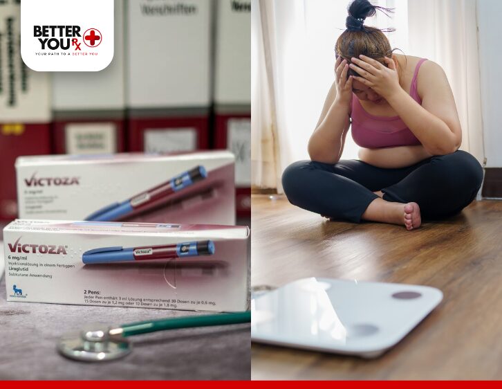 Victoza pens beside a stethoscope with a woman near a scale, facing weight struggles | Better You Rx