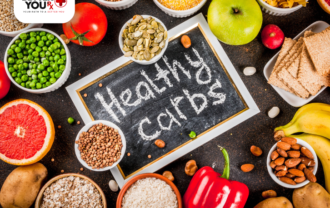 Various healthy carbs: fruits, grain, nut, veggies with 'Healthy Carbs' on the board | Better You Rx