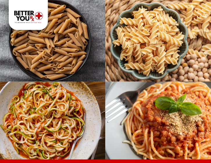 Various pasta: whole wheat penne, fusilli, zucchini, and spaghetti with sauce. | Better You Rx