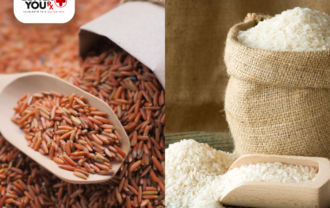 Brown and white rice in sacks with wooden scoops, showcasing healthy grain | Better You Rx