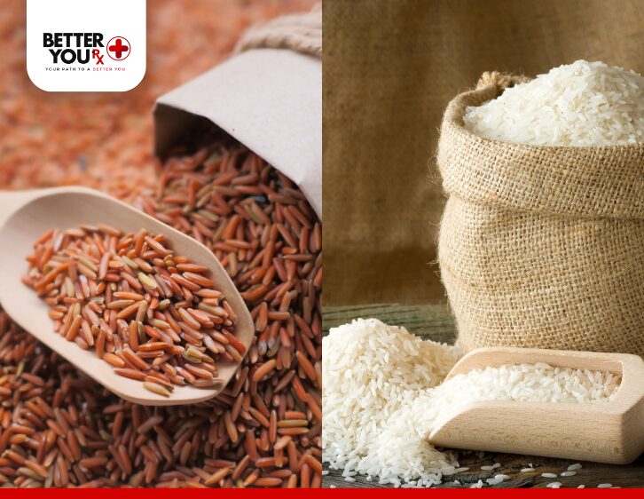 Brown and white rice in sacks with wooden scoops, showcasing healthy grain | Better You Rx