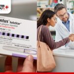 Lantus SoloStar insulin glargine injection box held in hand, with a pharmacist explaining medication details to a female customer at a pharmacy counter | Better You Rx