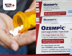 Split image showing white tablets being poured from a yellow prescription bottle on the left, and boxes of Ozempic (semaglutide) injection for single patient use on the right | Better You Rx