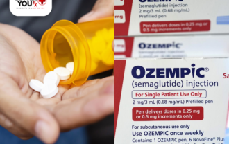 Split image showing white tablets being poured from a yellow prescription bottle on the left, and boxes of Ozempic (semaglutide) injection for single patient use on the right | Better You Rx