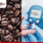 Close-up of roasted coffee beans beside a glucose meter showing 105 mg/dL | Better You Rx