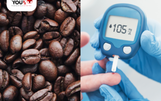 Close-up of roasted coffee beans beside a glucose meter showing 105 mg/dL | Better You Rx