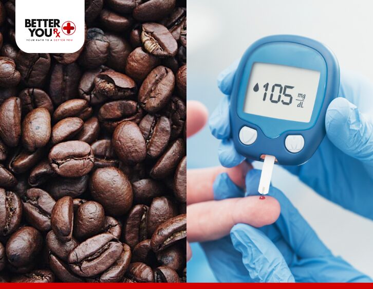 Close-up of roasted coffee beans beside a glucose meter showing 105 mg/dL | Better You Rx