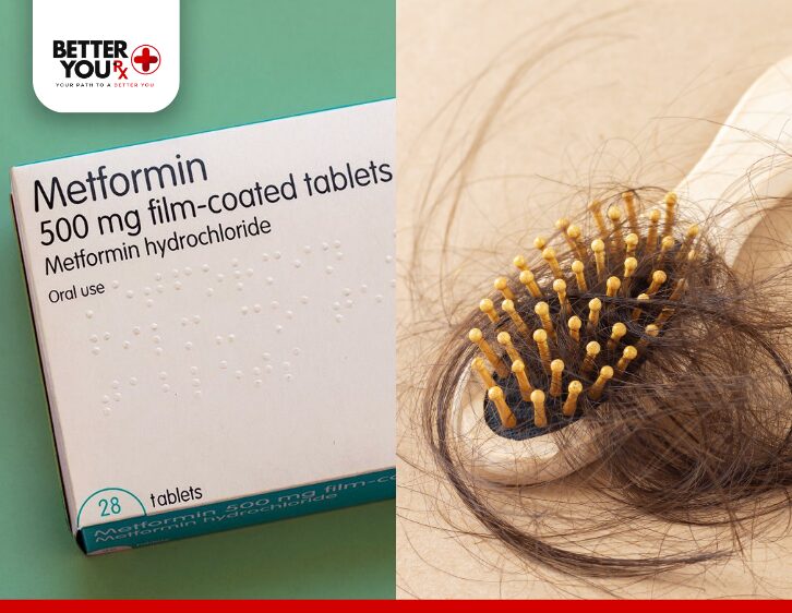 Metformin 500 mg tablets beside a brush with hair loss, showing possible side effect | Better You Rx