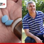 Blue pills for men's health with a smiling older man in a striped shirt outdoors | Better You Rx