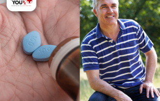 Blue pills for men's health with a smiling older man in a striped shirt outdoors | Better You Rx