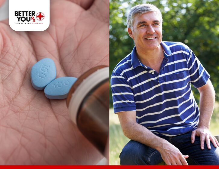 Blue pills for men's health with a smiling older man in a striped shirt outdoors | Better You Rx