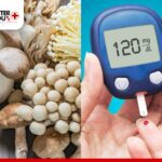 Fresh mushrooms and a hand using a glucometer showing 120 mg/dL blood sugar level | Better You Rx